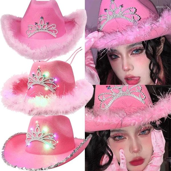 Boinas Estados Unidos Pink West Cowgirl Sombreros para mujeres Pluma Fieltro Western Lentejuela Cowboy Hat Party Night Club Cap Boda