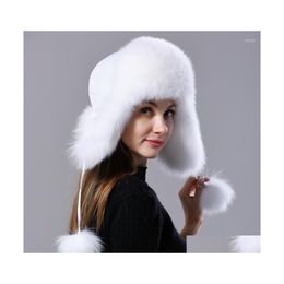 Beretten ushanka vrouwen natuurlijke bont luchtvaarthoed met oren winter warme donzige stijlvolle vrouwelijke oorkap cap mode echte hoeden druppel leveren dht13
