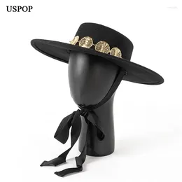 Boinas USPOP 2024 Autumn Lace-Up Wide Wool Faloras de lana plana con cadena de metal Winter Women Sombreros