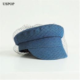 Berets USPOP -merkontwerper Fashion Autumn Winter Caps Women Mesh Yarn Sboy Flat Denim 230821