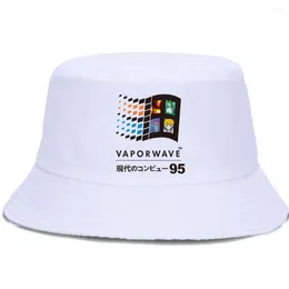 Bérets Vaporwave Vintage Print Bucket Hat Summer Cotton Fisherman Cap Japon Anime Unisexe Panama Caps Outdoor Sunscreen Chapeaux de pêche
