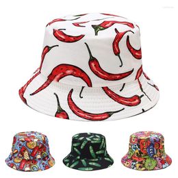 Boinas con estampado de verduras, sombreros de cubo para mujer y hombre, sombrero de Panamá plegable de doble cara, gorra de verano, hamburguesa, pimiento, tomates, Graffiti Sun