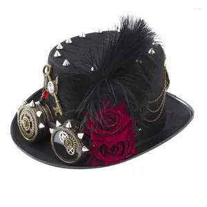Berets Victorian Gothic Top Hat Gear Goggles Chaîne Feather Dark Rose Steampunk Halloween pour Carnival Party Costume Dropship