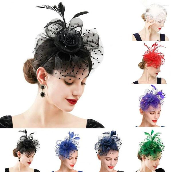 Boinas Vintage decoración de cuentas estampado de puntos malla flor pluma tocado sombrero diadema Clip cóctel té fiesta sombreros accesorios para el cabello