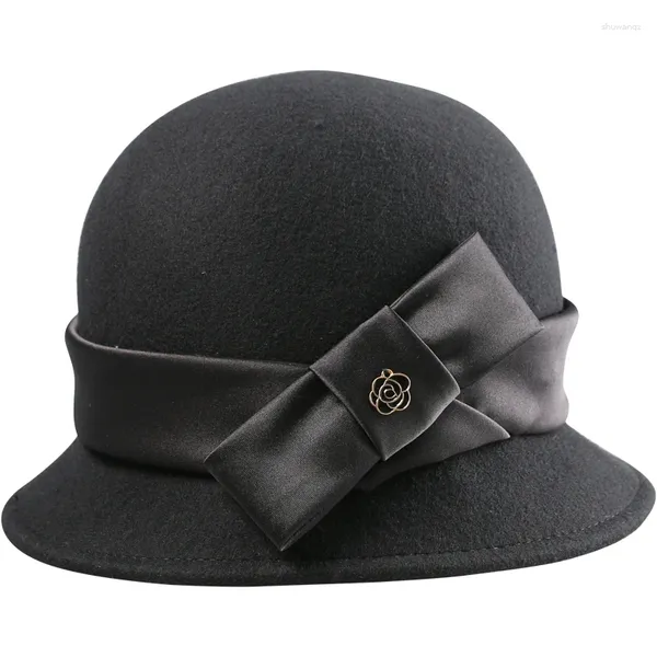 Boinas Vintage lana negra de lana de fieltro Boyler Fedora Wide Brim Hatly Floppy Hats Bowknot Cloche Damas formales E012