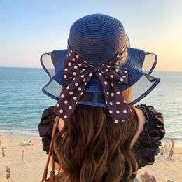 Bérets Vintage classique mode ondulé bord à pois arc grand Birm crème solaire Sombrero Cowboy casquette de plage voyage Panama chapeau de paille pour les femmes