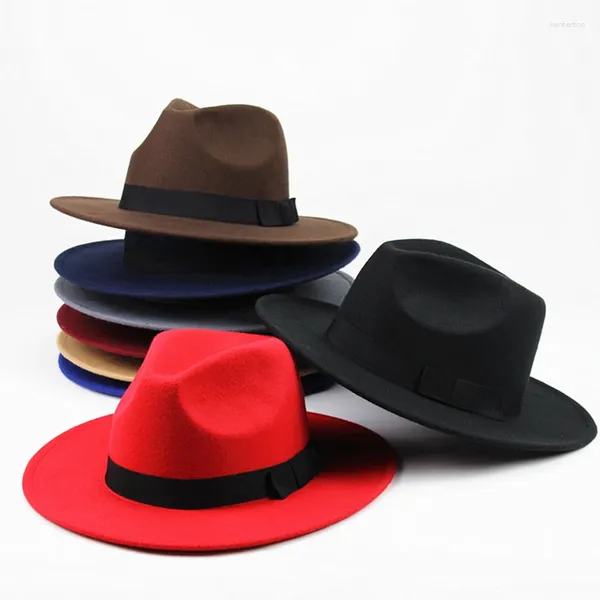 Bérets Vintage feutre Fedora chapeau hommes femmes laine large bord haut couleur unie Panama Jazz casquette