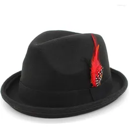 Baretten Vintage Pork Pie Hat Mens Rolled Brim Vilt Fedora met Feather Gentleman Cap Trilby Jazz Hoeden