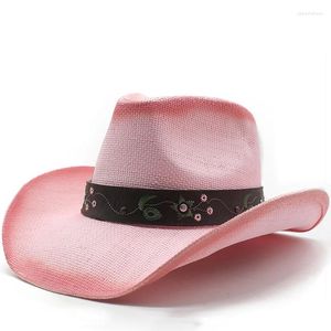 Berets Vintage Retro Khaki Leather Band Beld Coucked Women Men Hommes Paille large Brim Beach Cowboy Cowgirl Western Sun Hat