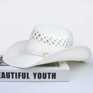 Berets Vintage Retro Simple White Leather Band Coudure des femmes Men de paille Cowboy Cowboy Cowboy Western Sun