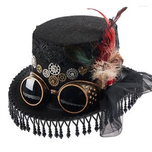 Bérets Vintage Top Hat Steam Punk Rouge Noir Dentelle Chapeaux Gothique Engrenages Plume Lunettes Fedora Fête Halloween Costumes Fandy Robe
