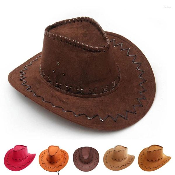 Bérets Vintage unisexe haut plat couleur unie Western Cowboy chapeau Steppe parasol en cuir avec large bord Cowgirl Jazz Cap