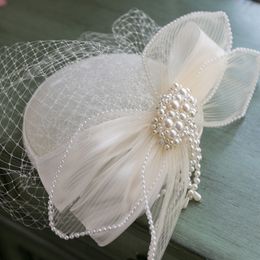 Beretten vintage witte fascinator hoed haarclip hoofddeksel parel boog sluier bruid hoofdtooi fancy show cocktail bruiloft dames kopstuk 230112