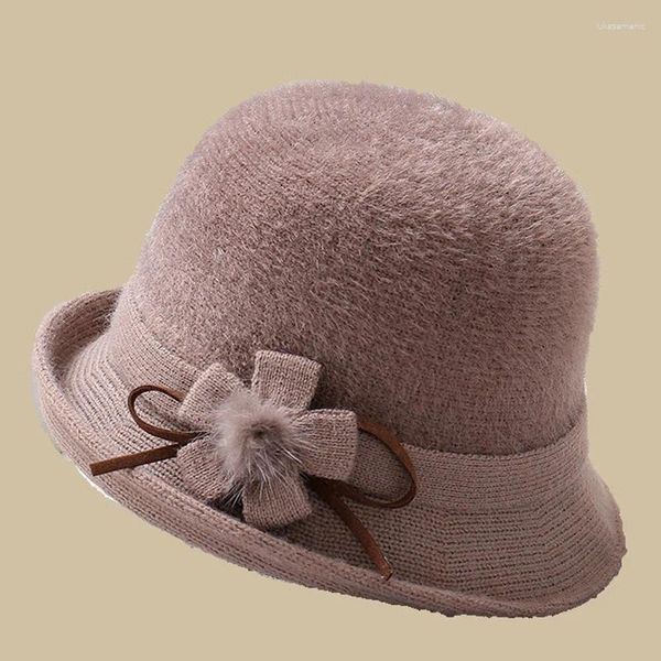 Bérets Vintage femmes laine tricoté chapeau doux épaissir chaud bonnet seau casquettes fleur pompon balle clapet femme vêtements décontractés