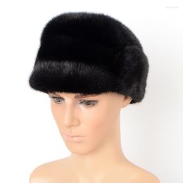 Bérets visière fourrure véritable vison hommes chapeau noir Bonnets gros mode chapeaux hiver russe 2022 chaud casquettesbérets Davi22