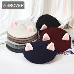 Bérets VISROVER mignon adulte chat oreille 100% laine béret solide automne chapeau hiver casquette printemps Punk béret chapeau lapin béret en gros 231027