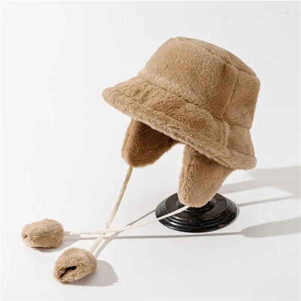 Bérets Chapeau de protection d'oreille chaude pour femmes Bonnet d'hiver Mignon Longue sangle Casquette de boule détachable en peluche Imitation Bassin de cheveux