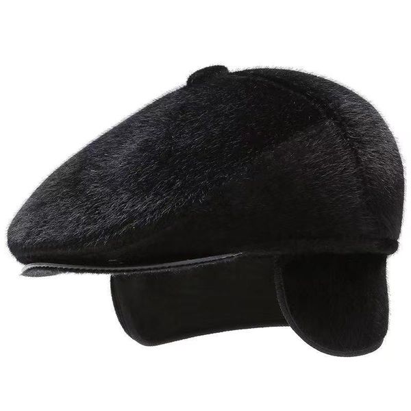 Boinas Sombrero de invierno cálido con orejeras Boina retro de los hombres Negro sólido Imitación de visón Grueso Frente Cabeza plana Papá HatBerets