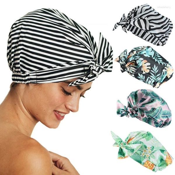 Boinas Gorro de ducha impermeable Gorros de baño a rayas con banda elástica ajustable Elegante para mujeres Cabello largo y grueso