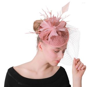 Bérets de mariage pêche fascinateurs chapeaux avec voiles de visage coiffes de mariée dames courses fantaisie plume fleur fête chapeau d'imitation