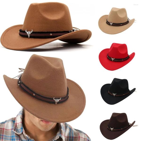 Bérets Western Black Cowboy Hat Jazz Knight Chapeaux pour hommes Style ethnique Feutre avec décor en forme de taureau Prairie Country Sombrero