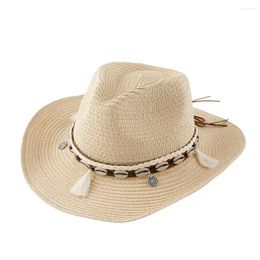 Beretten Western Cowboy Hat For Women Men Paper Strowijd Zwide Brim Beach Cap UV Bescherming Cowgirl Fedoras Heren Zon Hoeden Sombrero Hombre