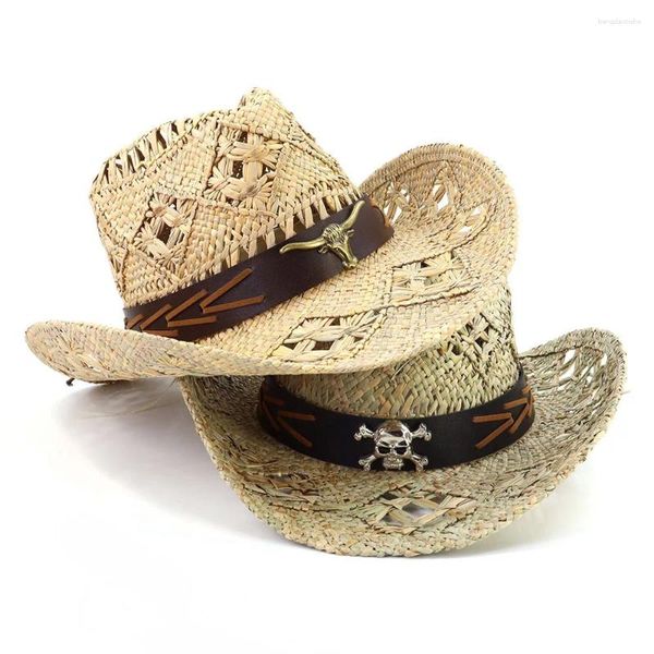 Boinas Sombrero de vaquero occidental para mujeres Hierba salada natural Tejido a mano Hombre Protección solar Cowgirl Beach Cap Sombreros de Mujer