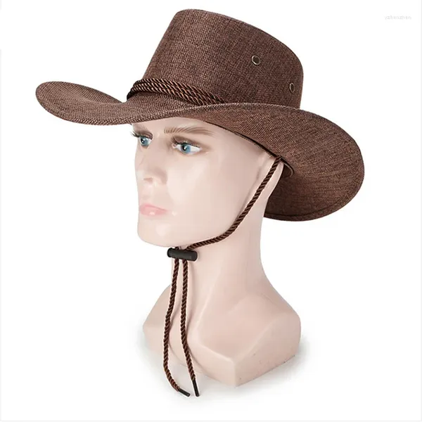 Boinas Sombrero de vaquero occidental Lino Hombres Estilo británico Color sólido Protector solar Gorra Retro Transpirable Casual