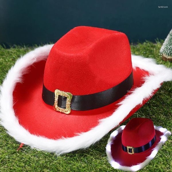 Boinas Estilo occidental Corona de Navidad Sombrero de vaquera para mujer Chica Gorras de vaquero Tiara roja Disfraz Fiesta Pluma Fedora