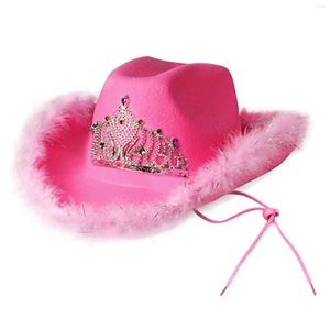 Berets Western Style Cowboy Hat Roze dames Fashion Party Night Club Warped Wide Brim met pailletten Decora Crown Tiara Cowgirl
