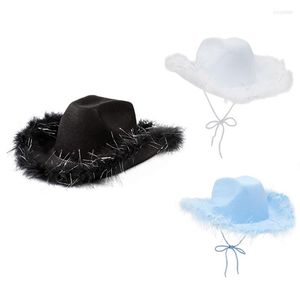 Berets Western Style Cowboy Hat Solid Color Black Wrouwen Girls Birthday Party Caps With Feather Prowin Decoration Cowgirl Hats