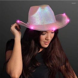 Berets Western Style Cowgirl Hat Retro Sequins LED Light Brim Jazz Top Party Party Nightclub Felt Cowboy Cap pour hommes femmes