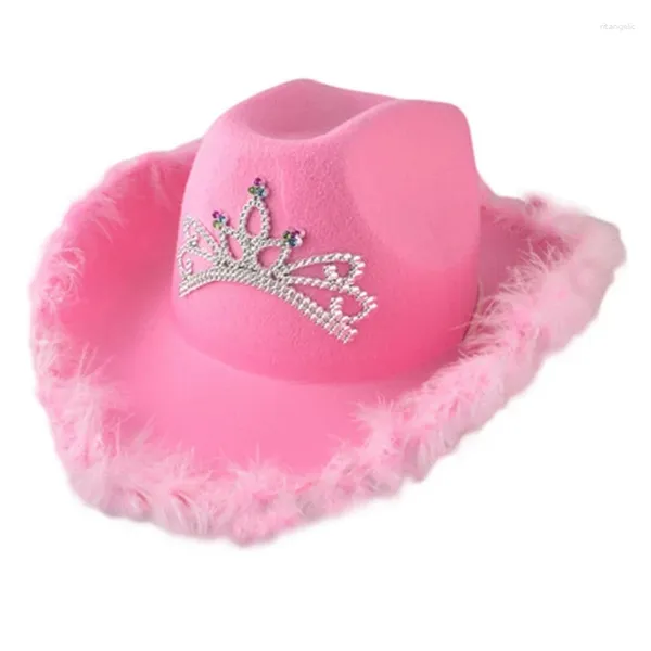 Bérets Style occidental rose diadème Cowgirl chapeaux pour femmes fille roulé Fedora casquettes bord de plume plage Cowboy chapeau Sequin fête casquette