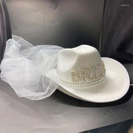 Berets Western Wedding Bride's Cowboy Hat Bridal Shower Bruid Decoratie met patroon Diamond Veil Hatberets Delm22