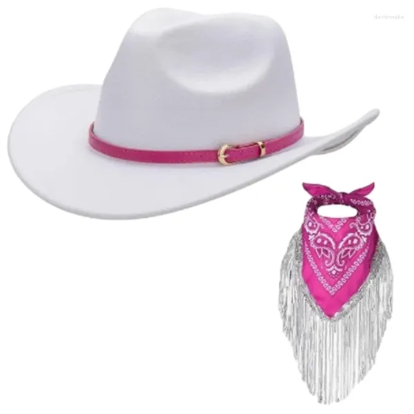 Bérets Blanc Cowgirl Chapeau Frangé Bandana Ensemble Pour Femmes Vintage Western Large Bord Floral Glands Tête Foulard