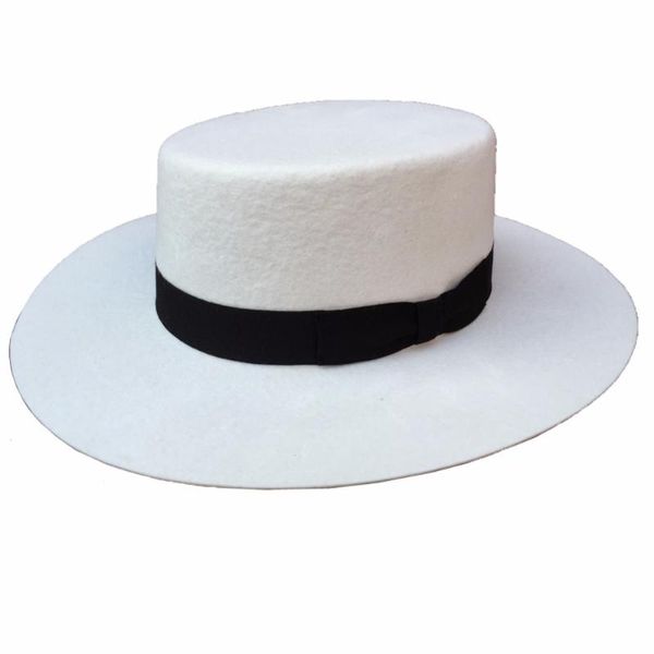 Boinas White Panama Wool Boater Porkpie Flat Top Crown Fedora Hat para mujer