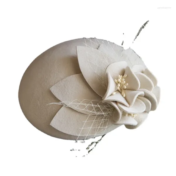 Boinas Mujeres blancas Fedora Cap Velos de boda Lana Fascinator Sombrero Clip para el cabello Damas Moda Carrera Flor Tocado