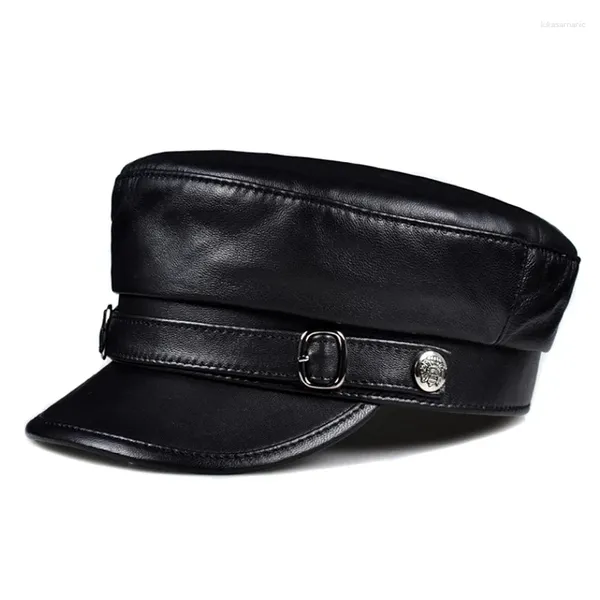 Bérets en gros 2023 Marque Chapeau militaire Sailor Hommes Femmes Noir Véritable Cuir de mouton Hiver Baker Caps Ceinture Top Qualité Capitaine