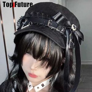 Berets Wholesale Custom Faire des femmes personnalisées HARAJUKU Gothic Lolita Beret Hat Cap Y2k Girl Bow Punk Lace Great Handle Decorative Sun Hats D240417