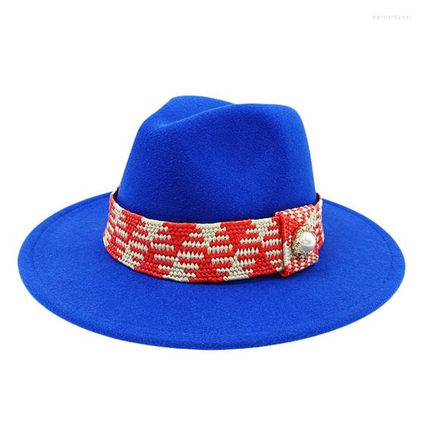 Boinas al por mayor Fedora Fedora Men's Brim With Pearl Jazz Hat Invierno Otoño Panamá Damas Red Luxury