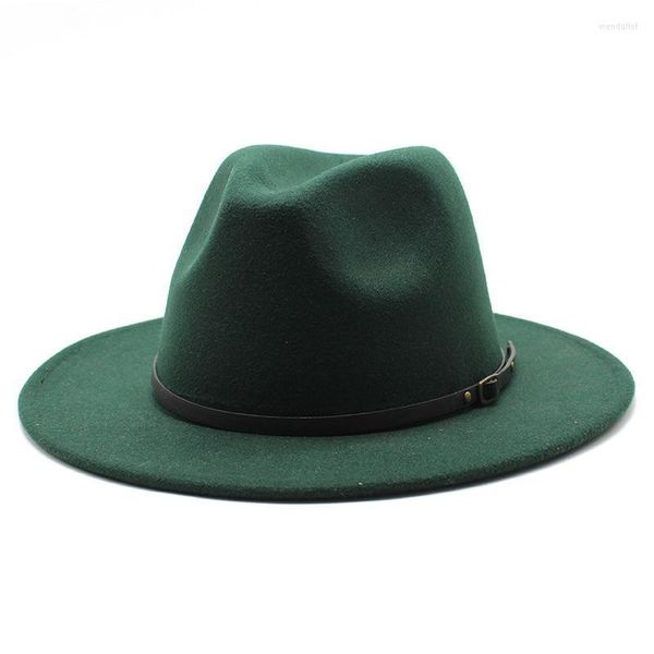Boinas al por mayor sombreros de fieltro Panamá fieltro para mujeres Jazz Fedora hierba verde sombreros con cadenasBoinas Wend22