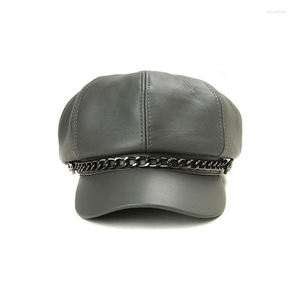 Boinas Venta al por mayor Moda coreana Sombrero azul marino Mujeres Unisex Invierno Cuero genuino Cadena de plata dorada Gorras Motocicleta Casquette plana MujerBoinas