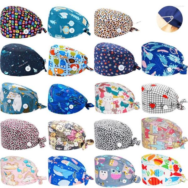 Boinas, venta al por mayor, gorro de algodón ajustable para salón de belleza, sombrero de enfermería, accesorios de uniforme, gorros de laboratorio con estampado de Anime