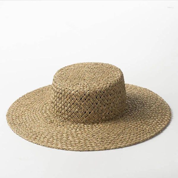 Boinas Venta al por mayor Top Tejido a mano Algas marinas Mujeres Sombreros para el sol Hombres naturales Boater Sombrero Verano Playa Paja Chapeu Sombrero Flat Cap