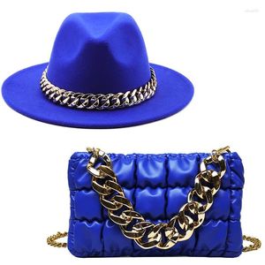 Bérets Wide Brim Classic Ladies Fashion Jazz Party Party Sac à main en cuir sac à main Sac à sac à main et chapeau avec chaîne dorée Fedora Chapeaux Women Set