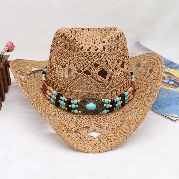 Boinas de ala ancha gorra de jazz bandas decorativas tejidas a mano sombrero de paja de papel de vaquero occidental hombres mujeres transpirable playa vaquera cosplay