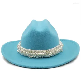 Berets Wide Brim Simple Top Hat Panama Solid Felt Fedoras avec Pearl for Women Artificial Wool Blend Jazz Cap