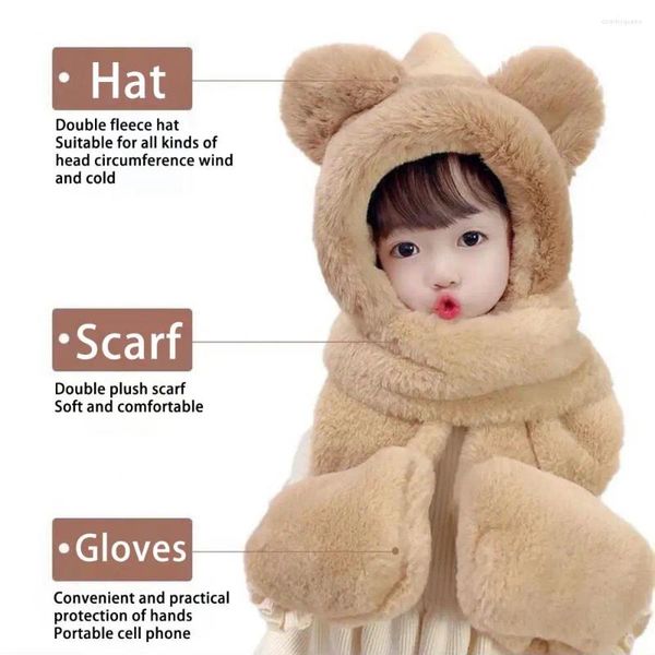 Boinas A prueba de viento Gorro cálido Accesorios de invierno para niños pequeños Súper suave Oreja de oso Bufanda de felpa Conjunto de guantes para un estilo cálido