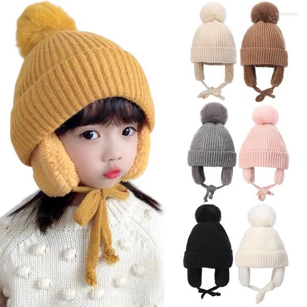 Bérets d'hiver pour bébé, Protection des oreilles, chapeaux chauds, garçon et fille, mignon, boule de poils, casquette douce, enfants en plein air, épais, coupe-vent, chapeau tricoté de 2 à 8 ans