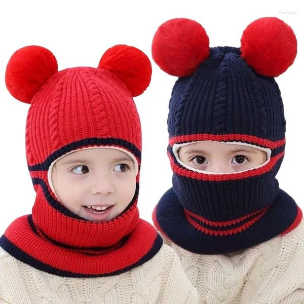 Boinas Invierno Bebé Bola de Pelo Máscara Bufanda Sombrero de Lana Lindo Niños Niñas Orejas Gorra de Protección Niños Al Aire Libre Felpa Acolchada Sombreros de Punto Cálidos